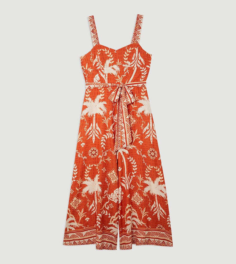 Printed Viscose Woven Tie Waist Wide Leg Jumpsuit