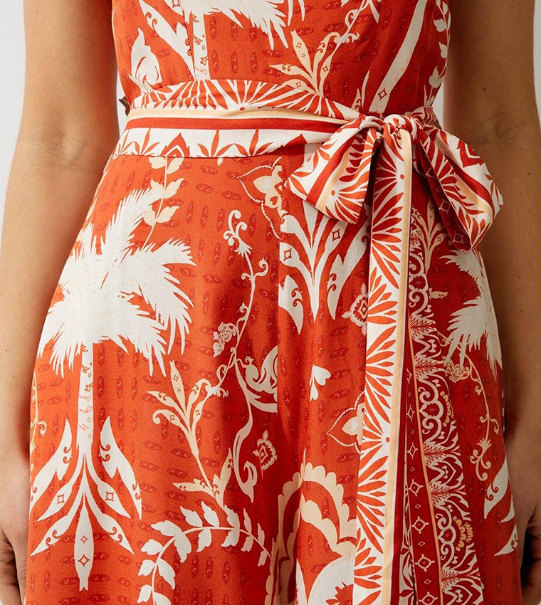 Printed Viscose Woven Tie Waist Wide Leg Jumpsuit