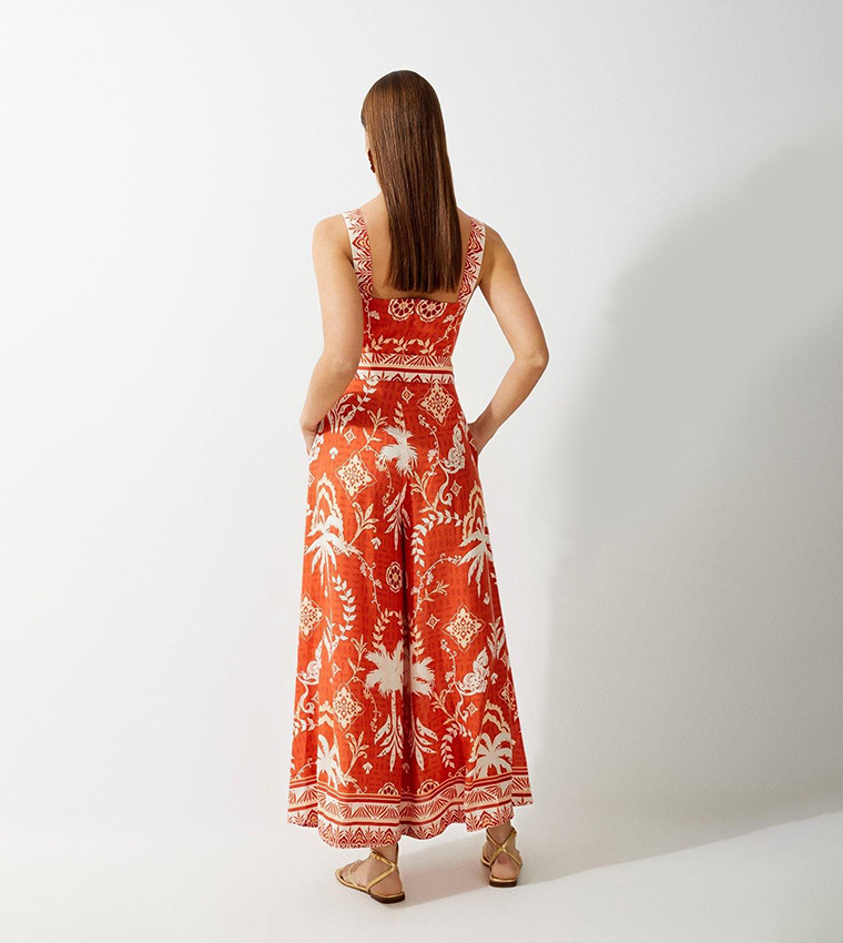 Printed Viscose Woven Tie Waist Wide Leg Jumpsuit