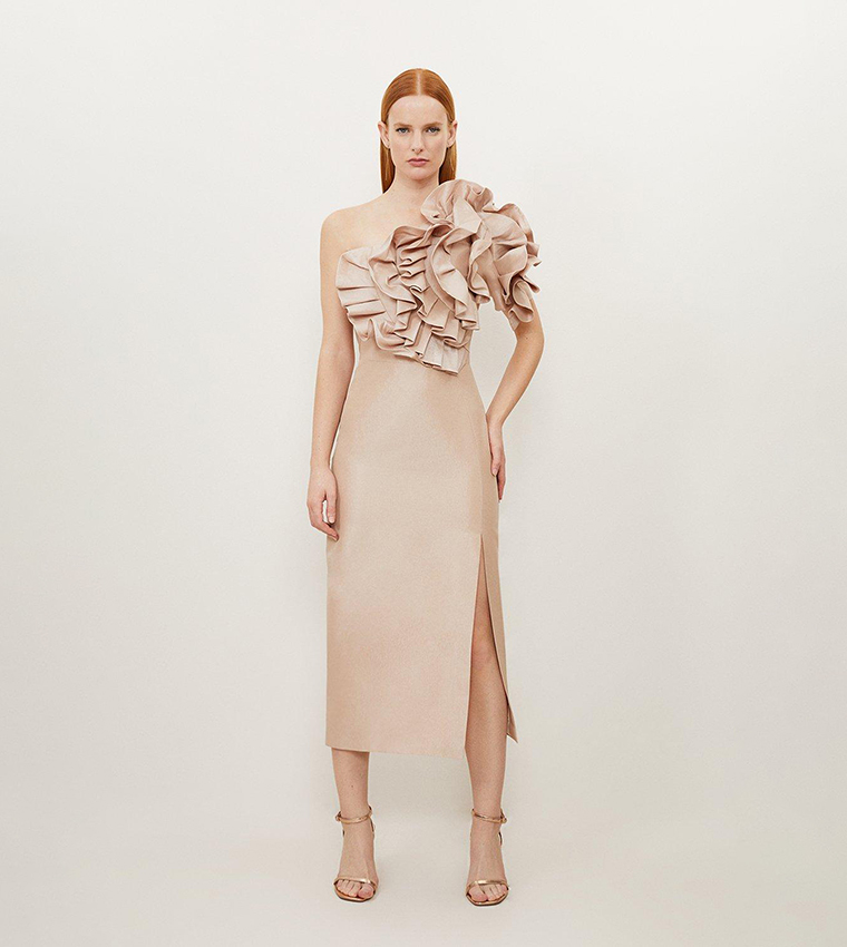 Buy Karen Millen Outlet Metallic Taffeta Rosette Bardot Dress In Beige |  6thstreet Kuwait
