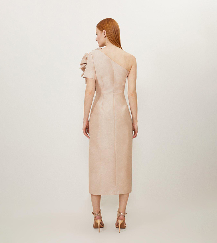 beige bardot dress Annie | Champagne Satin Bardot Maxi Dress With Split Wrap Skirt