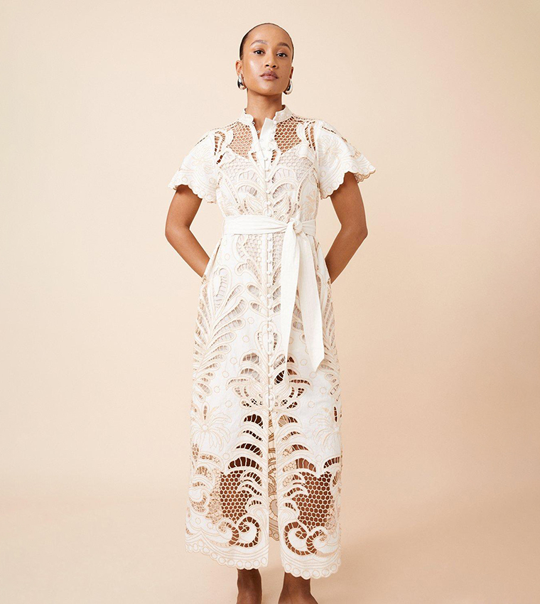 Buy Karen Millen Petite Linen Cutwork Embroidery Woven Midi Dress In Beige  | 6thStreet Qatar