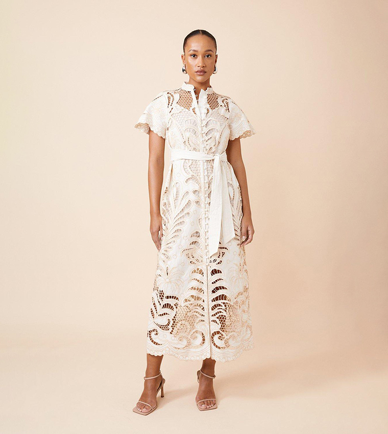 Buy Karen Millen Petite Linen Cutwork Embroidery Woven Midi Dress In Beige  | 6thStreet Qatar