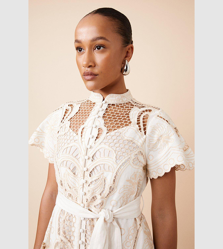 Buy Karen Millen Petite Linen Cutwork Embroidery Woven Midi Dress In Beige  | 6thStreet Qatar