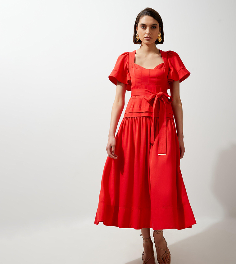 Buy Karen Millen Drama Short Sleeves Tie Waist Linen Woven Midi Dress In Red 6thStreet Kuwait