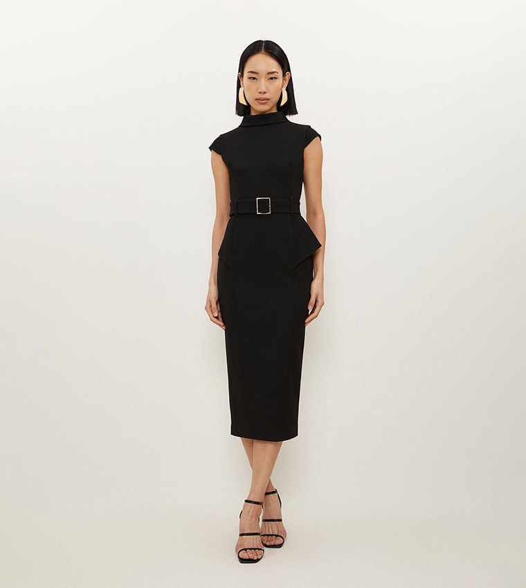 karen millen peplum dress Black Soft Tailored Belted Peplum Tailored Maxi Dress