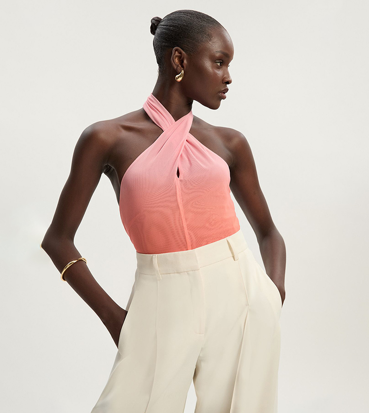 Sunset Ombre Mesh Cross Halterneck Bodysuit Top