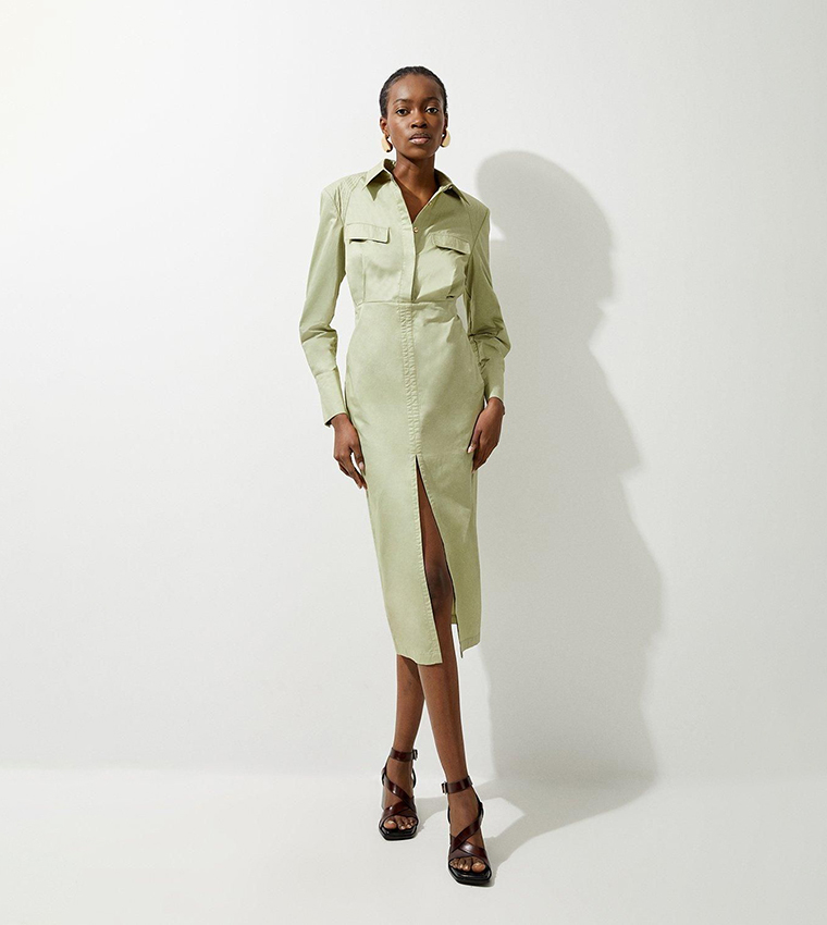 Buy Karen Millen Sateen Long Sleeves Cargo Shirt Midi Dress In Green |  6thstreet Bahrain