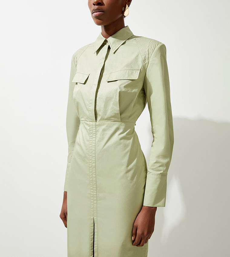 Buy Karen Millen Sateen Long Sleeves Cargo Shirt Midi Dress In Green |  6thstreet Bahrain