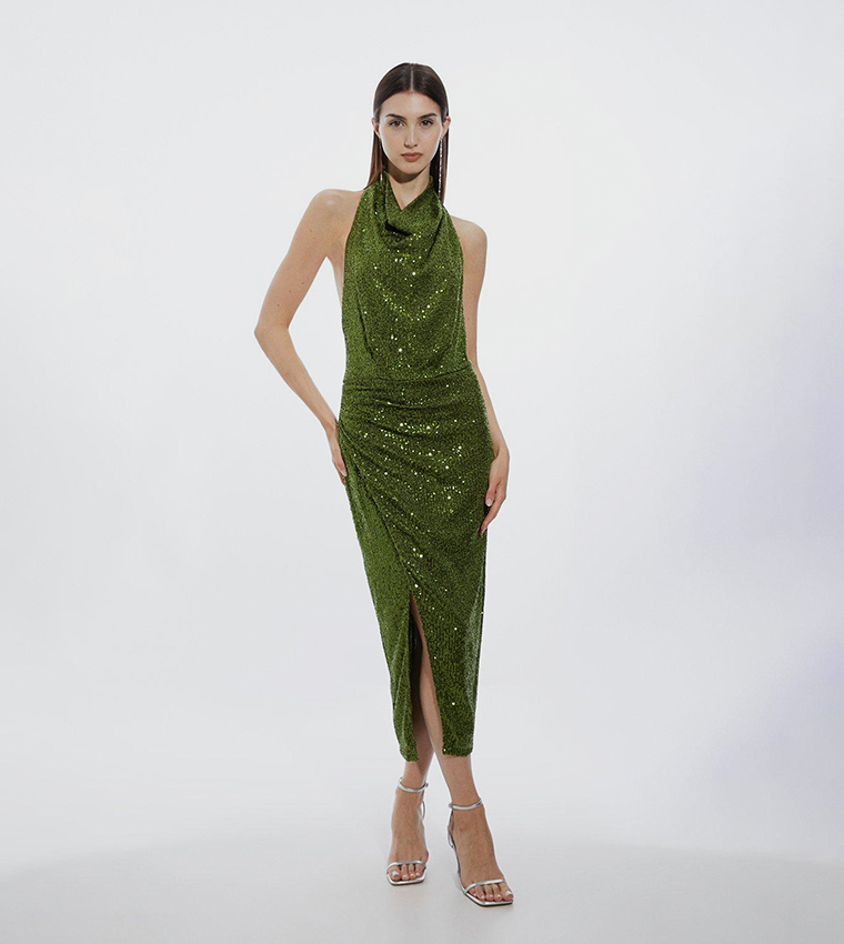 Halterneck Sequin Jersey Side Split Maxi Dress