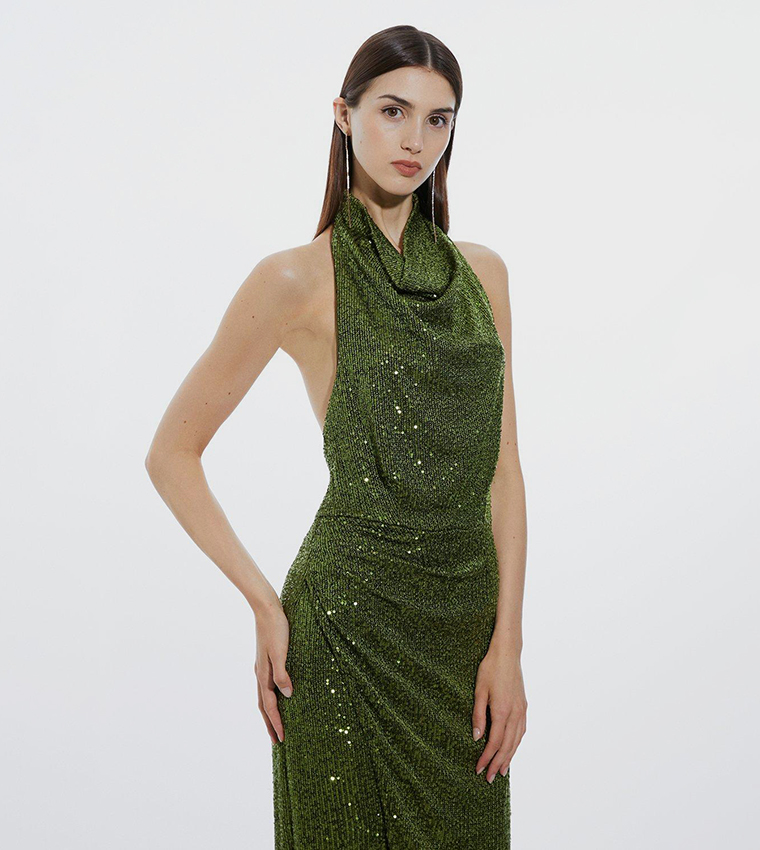Halterneck Sequin Jersey Side Split Maxi Dress