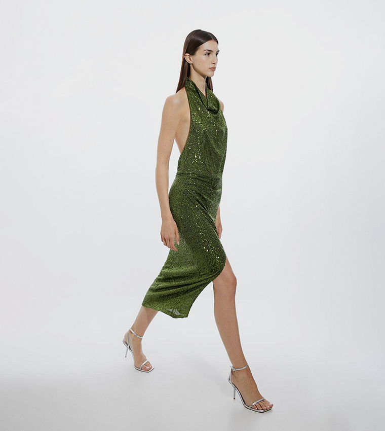 Halterneck Sequin Jersey Side Split Maxi Dress