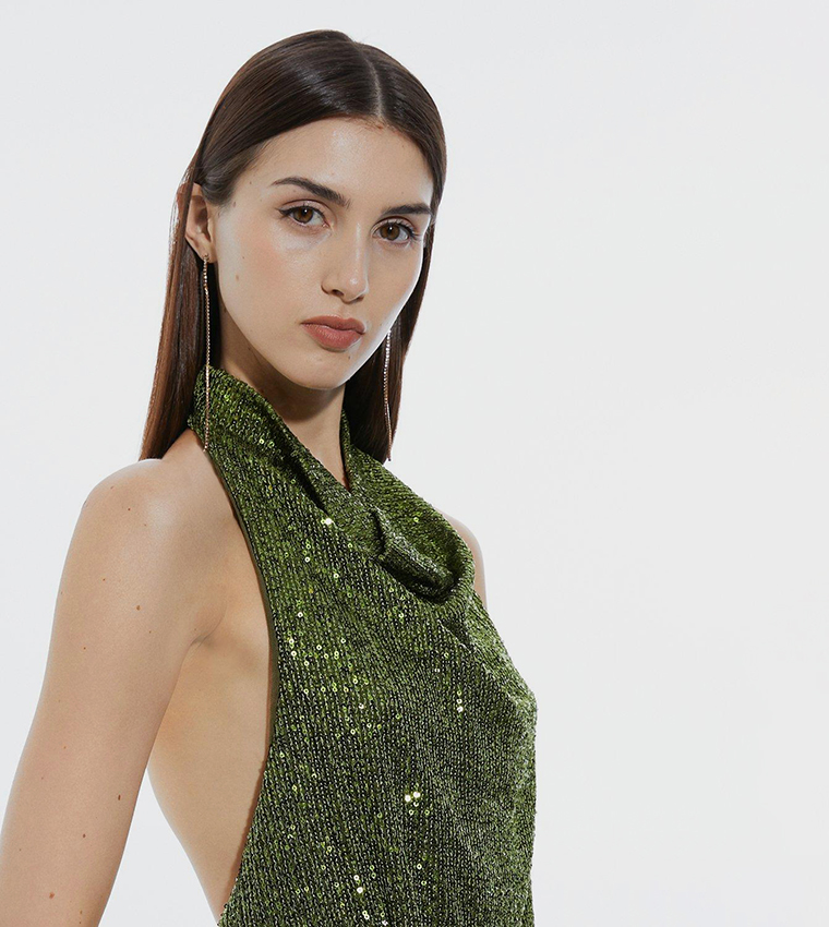 Halterneck Sequin Jersey Side Split Maxi Dress