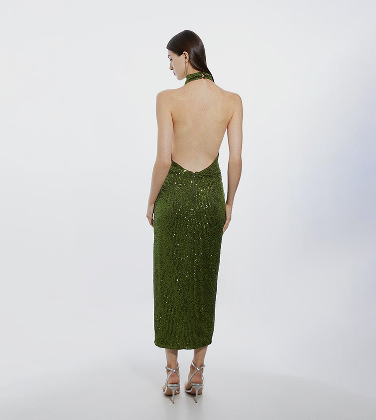 Halterneck Sequin Jersey Side Split Maxi Dress
