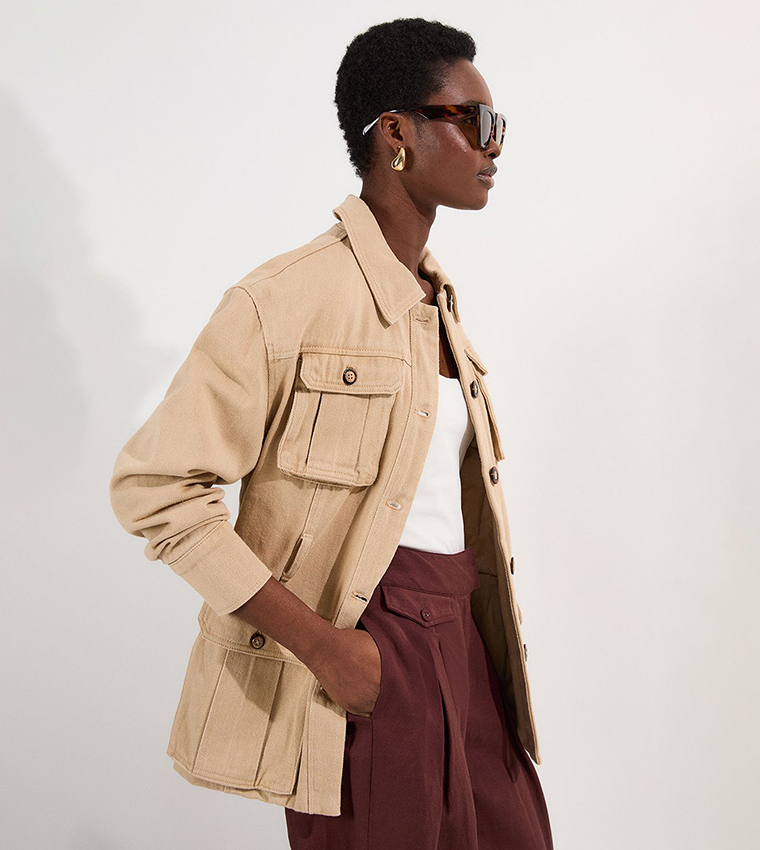 Pocket Detail Belted Safari Denim Jacket