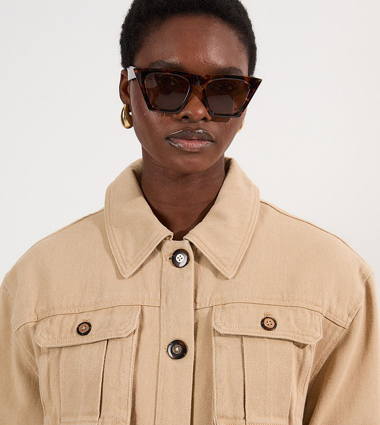 Pocket Detail Belted Safari Denim Jacket
