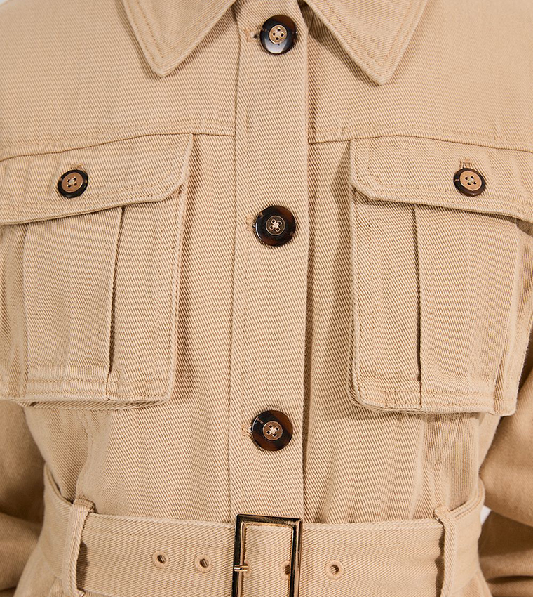 Pocket Detail Belted Safari Denim Jacket