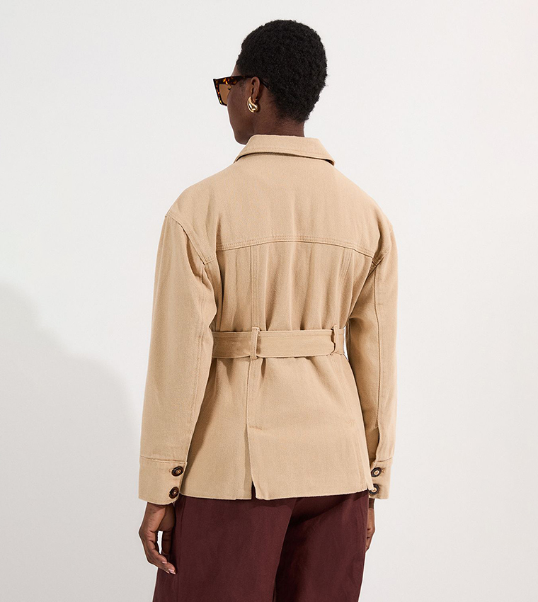 Pocket Detail Belted Safari Denim Jacket