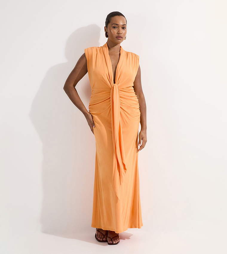 strapless open back dress Karen Millen Orange Premium Stretch Crepe Jersey Plunge Neck Maxi Dress UK  XS