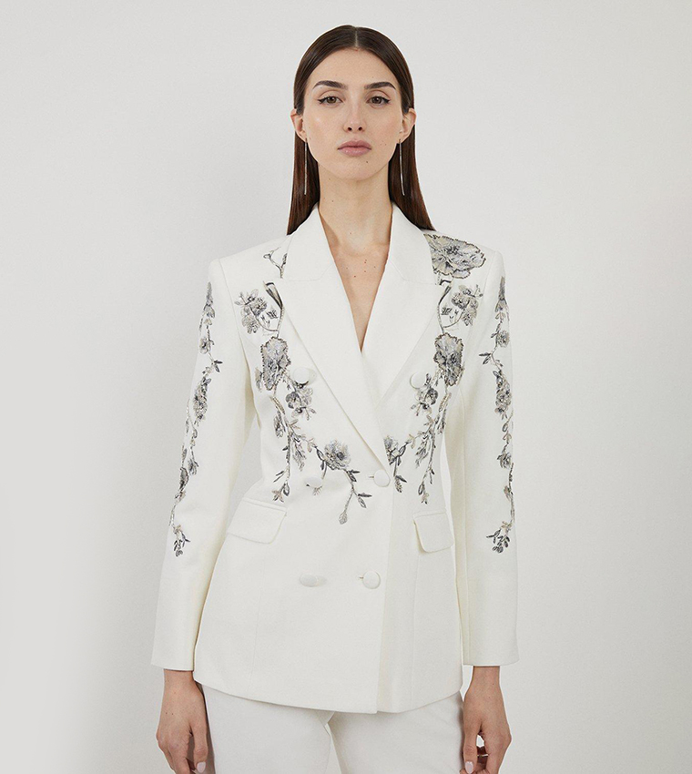 Buy Karen Millen Crystal Embellished Embroidered Double Breasted Blazer In White 6thStreet UAE