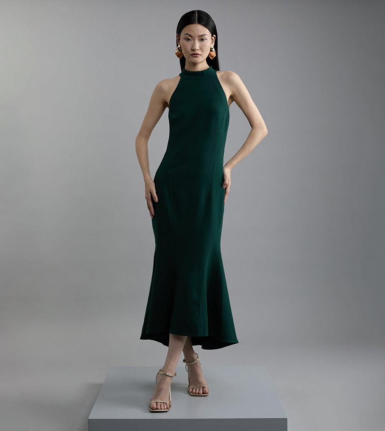 Buy Karen Millen Compact Stretch Essential Tailored High Neck Dip Hem Midi  Dress In Forest | 6thstreet Oman