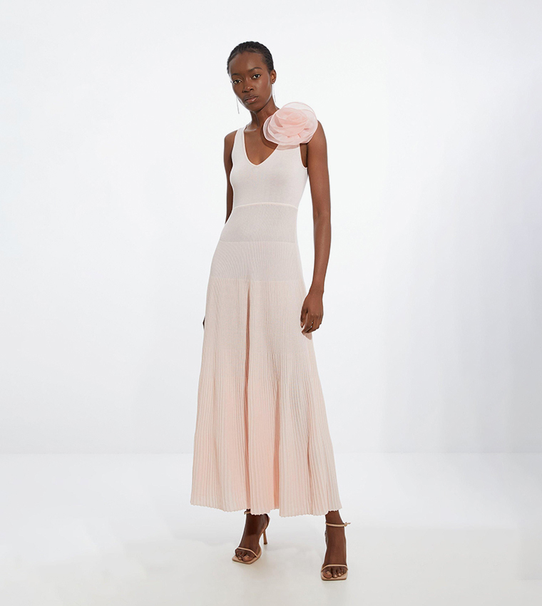 Viscose Blend Knit Corsage Detail Maxi Dress