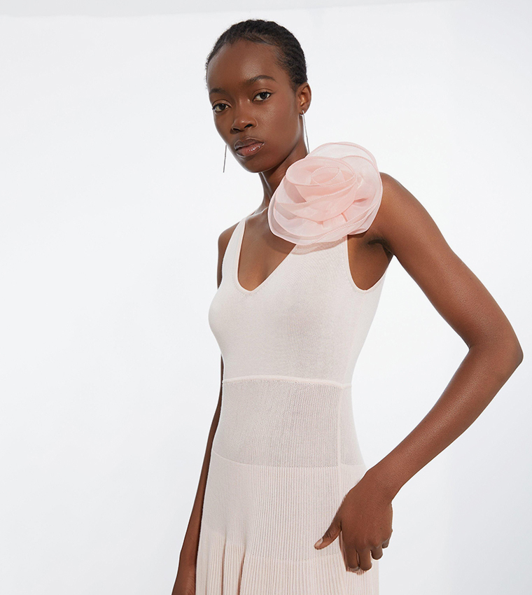 Viscose Blend Knit Corsage Detail Maxi Dress