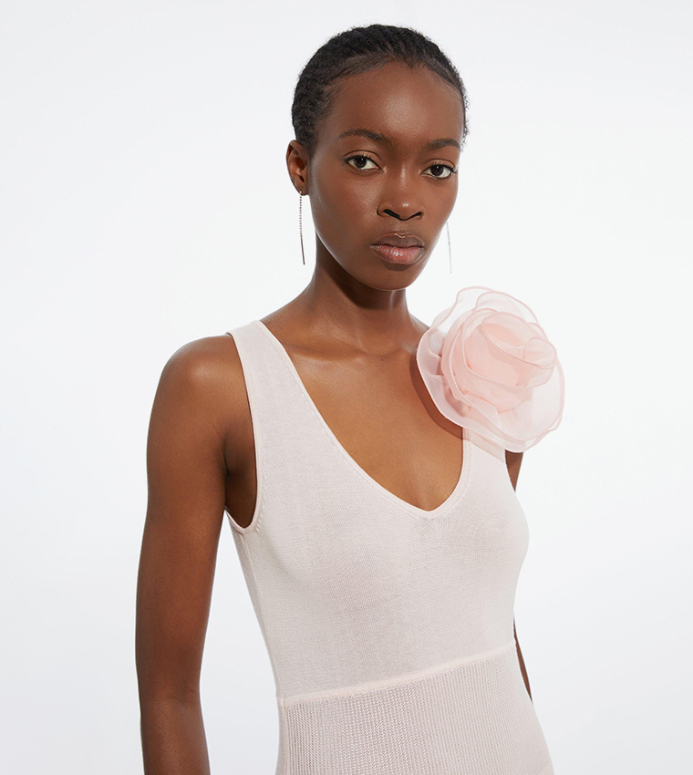 Viscose Blend Knit Corsage Detail Maxi Dress