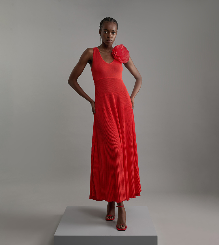 Viscose Blend Knit Corsage Detail Maxi Dress