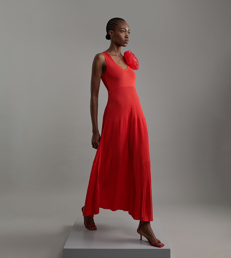 Viscose Blend Knit Corsage Detail Maxi Dress
