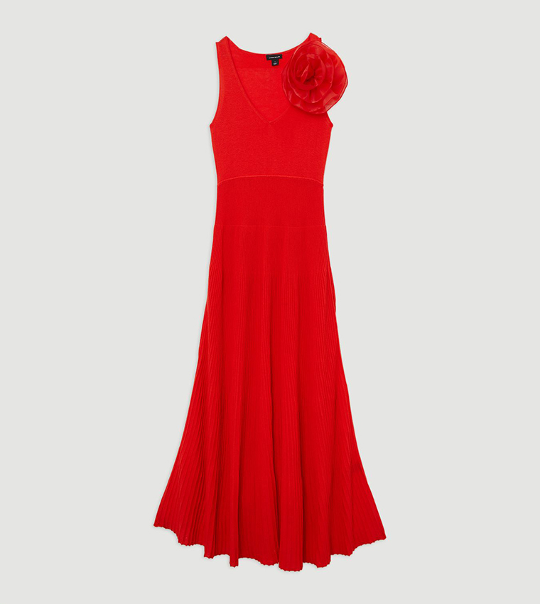 Viscose Blend Knit Corsage Detail Maxi Dress