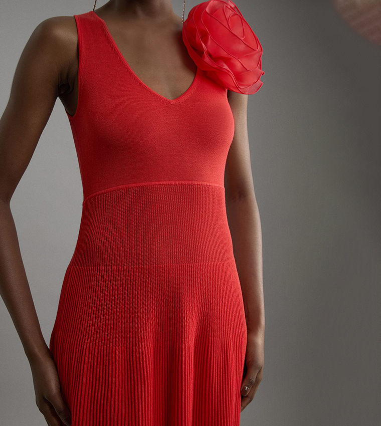 Viscose Blend Knit Corsage Detail Maxi Dress