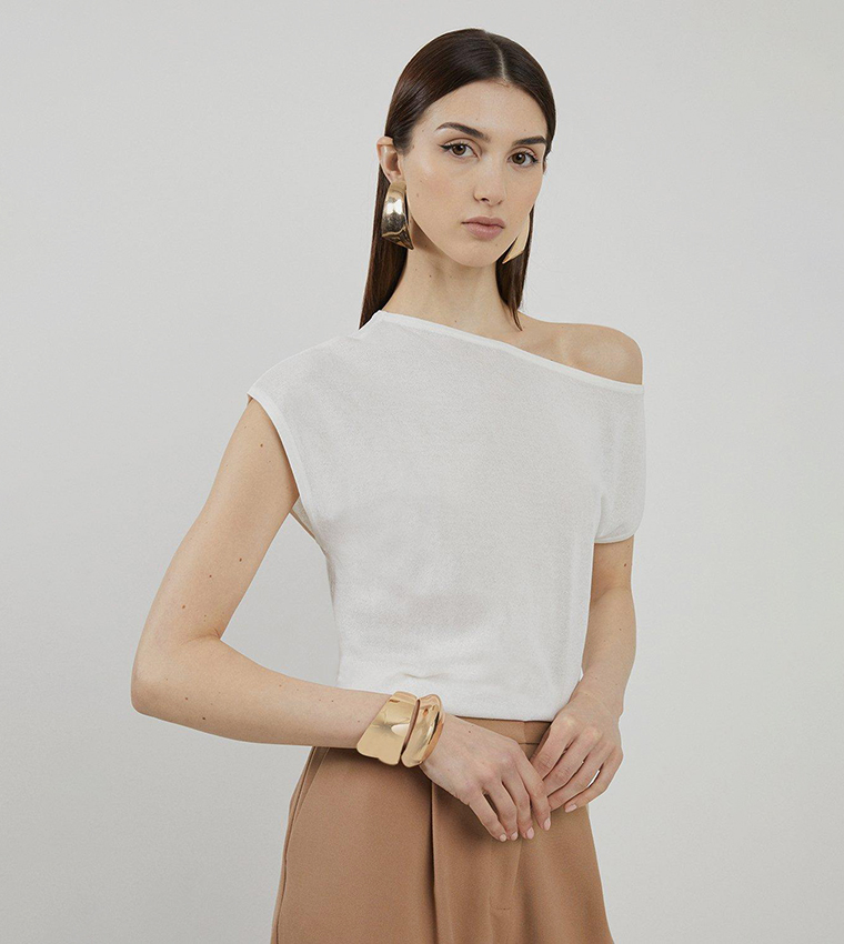 Buy Karen Millen Viscose Blend Knitted Asymmetric Neck Crop Top In White 6thStreet Bahrain