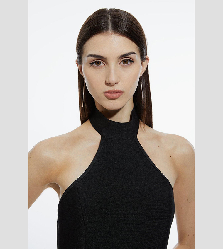 Figure Form Bandage Ruffle Hem Halter Knit Midi Dress
