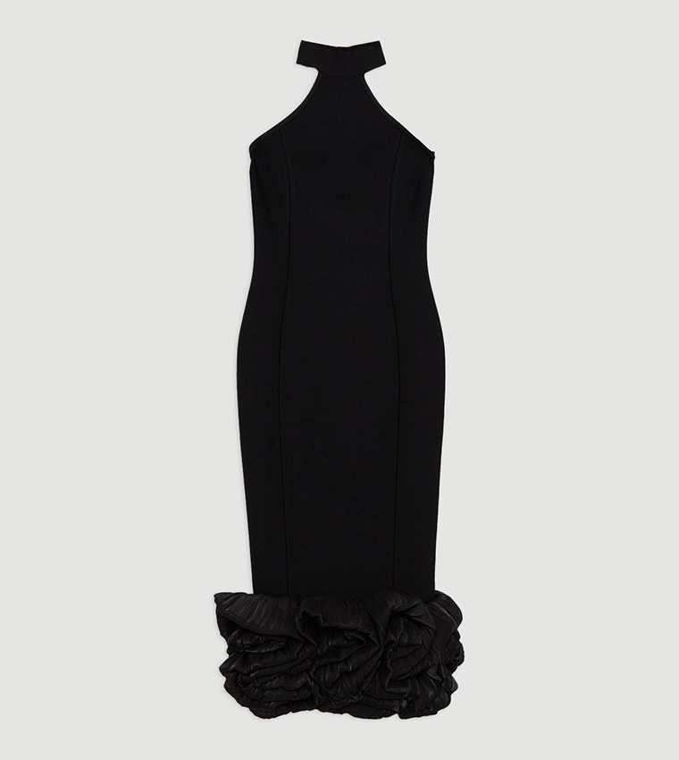 Figure Form Bandage Ruffle Hem Halter Knit Midi Dress