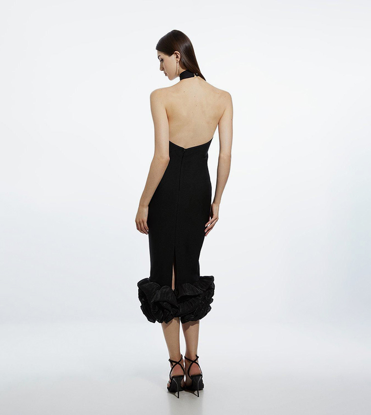 Figure Form Bandage Ruffle Hem Halter Knit Midi Dress