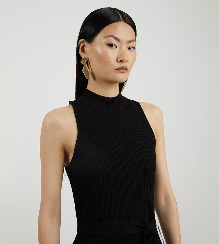 Cotton Blend Belted Knit Racer Midi Dress