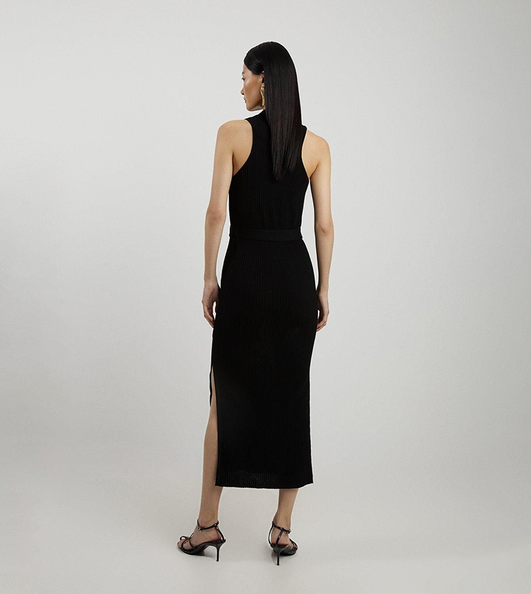 Cotton Blend Belted Knit Racer Midi Dress
