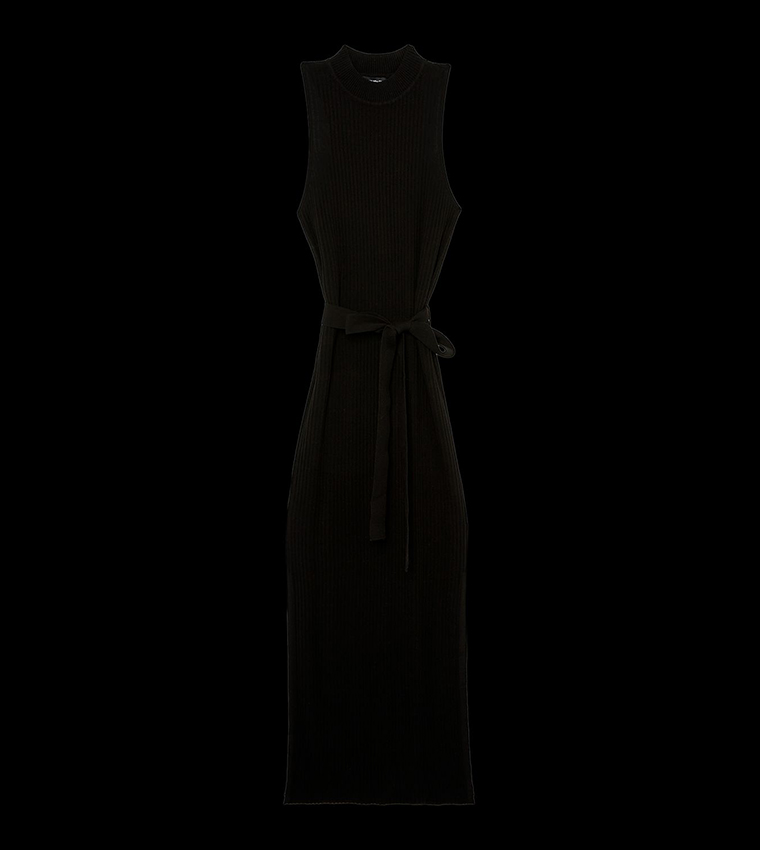 Cotton Blend Belted Knit Racer Midi Dress