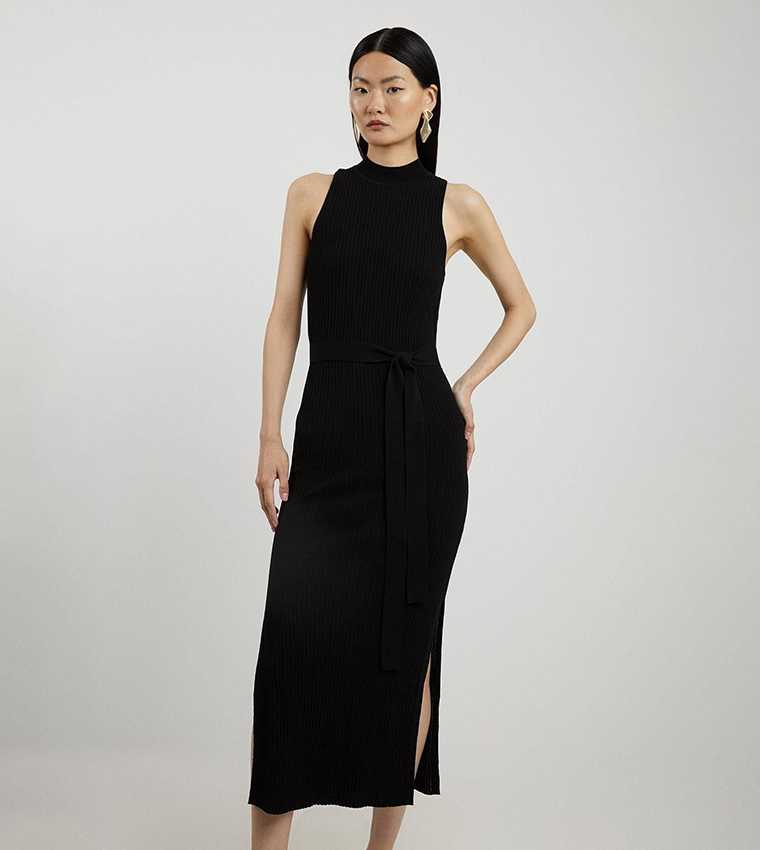 Cotton Blend Belted Knit Racer Midi Dress