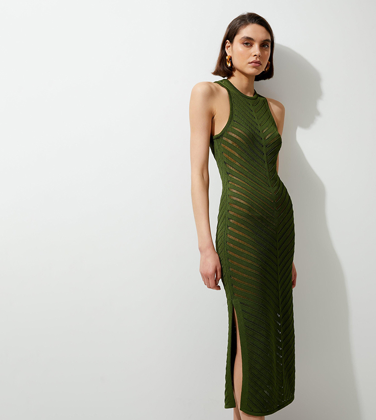 Buy Karen Millen Premium Open Stitch Racer Knit Midi Dress In Olive |  6thstreet Bahrain