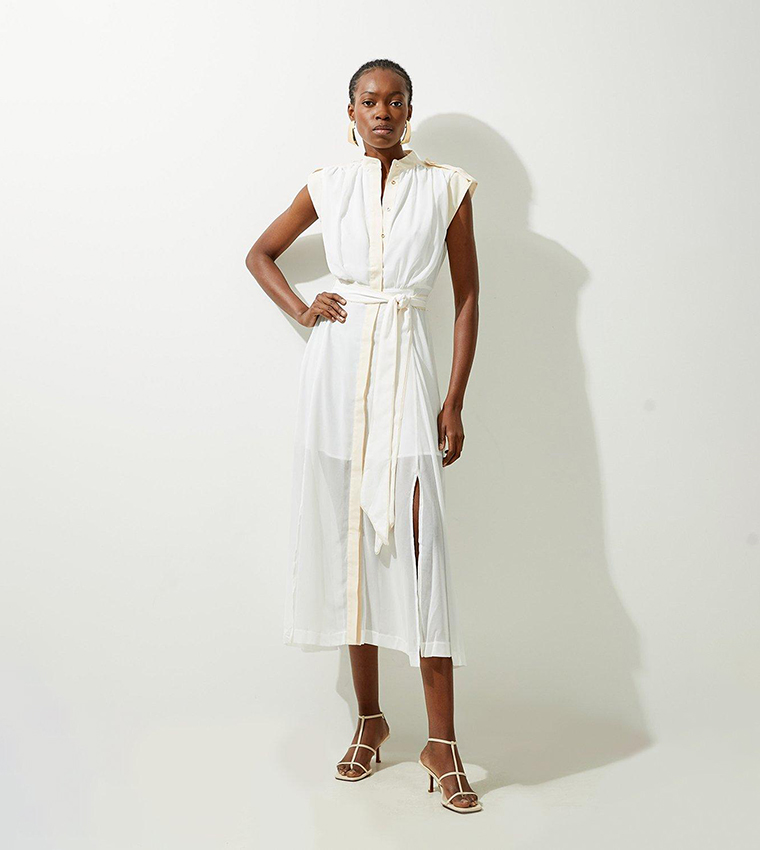 Military Mono Sleeveless Belted Midi Dress