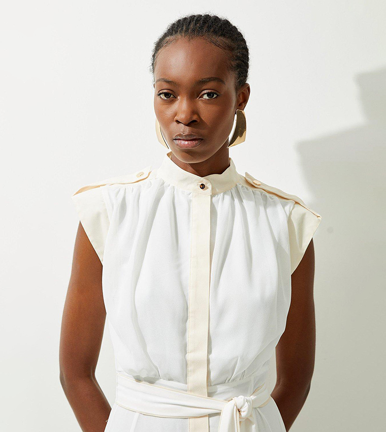 Military Mono Sleeveless Belted Midi Dress