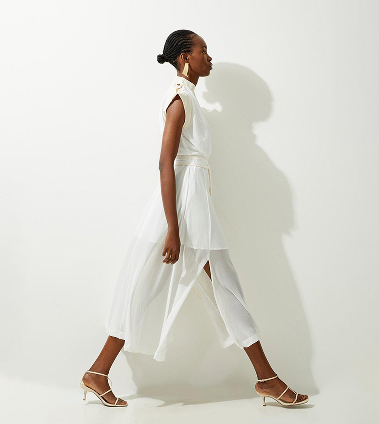 Military Mono Sleeveless Belted Midi Dress