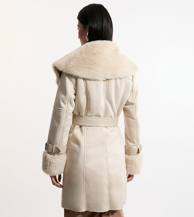 Buy Karen Millen Faux Shearling Collar Cuff Belted Coat In Ivory