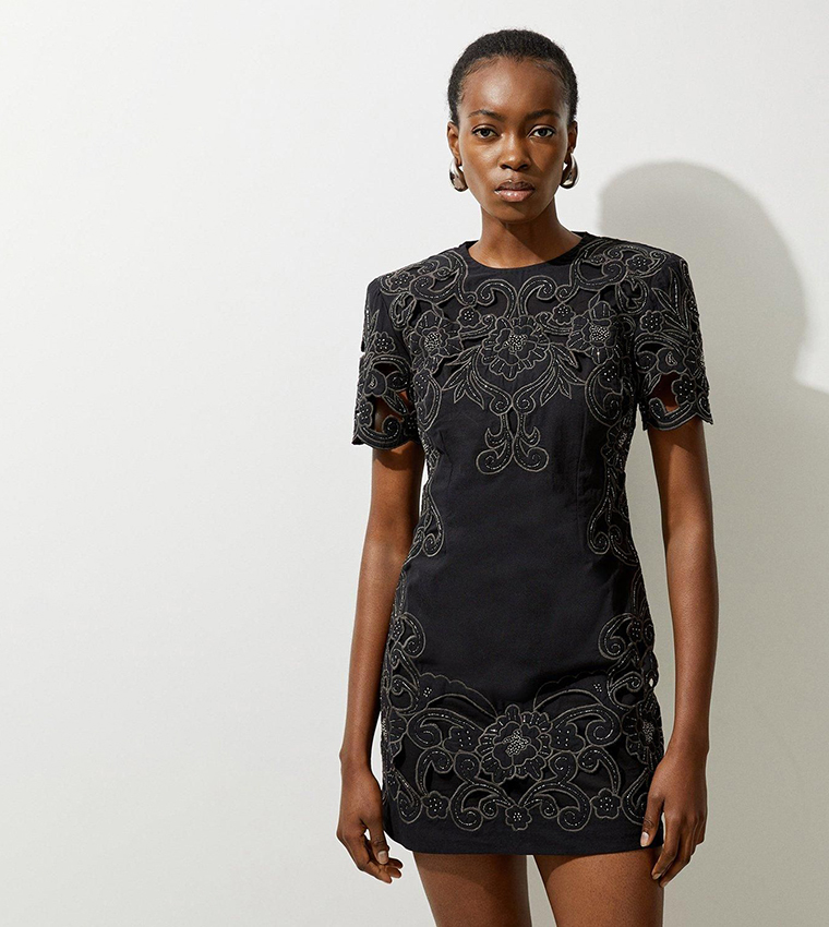 karen millen black beaded dress Black Crystal Beaded Strappy Woven Maxi Dress