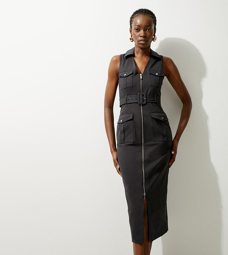 Ladies Dresses Karen Millen Tailored Belted Dress Black Compact Stretch  Contrast Tipped Forever Belted Tailored Midi