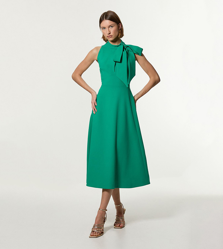 Buy Karen Millen Compact Stretch Bow Tie Neck Full Skirted Midi Dress In Emerald | 6thstreet Kuwait Buy Karen Millen Compact Stretch Bow Tie Neck Full Skirted Midi Dress In Emerald | 6thstreet Kuwait