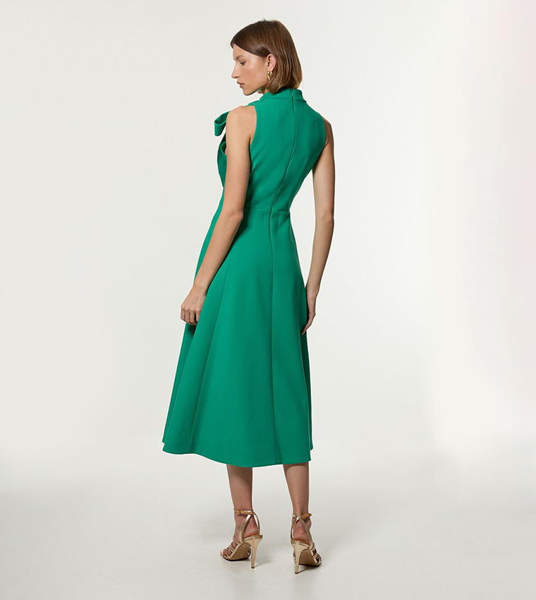 compact stretch bow tie neck full skirted midi dress Bright Pink KarenMillen Compact Stretch Bow Tie Neck Full Skirted Midi Dress