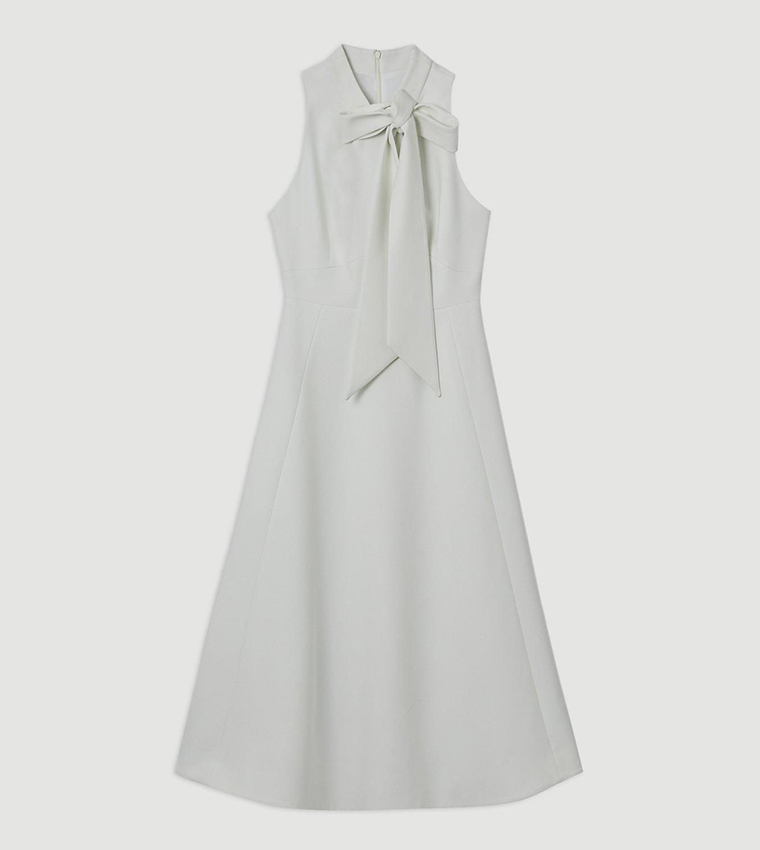 compact stretch bow tie neck full skirted midi dress Dusty Rose Petite Compact Stretch Bow Tie Neck Full Skirted Midi Dress